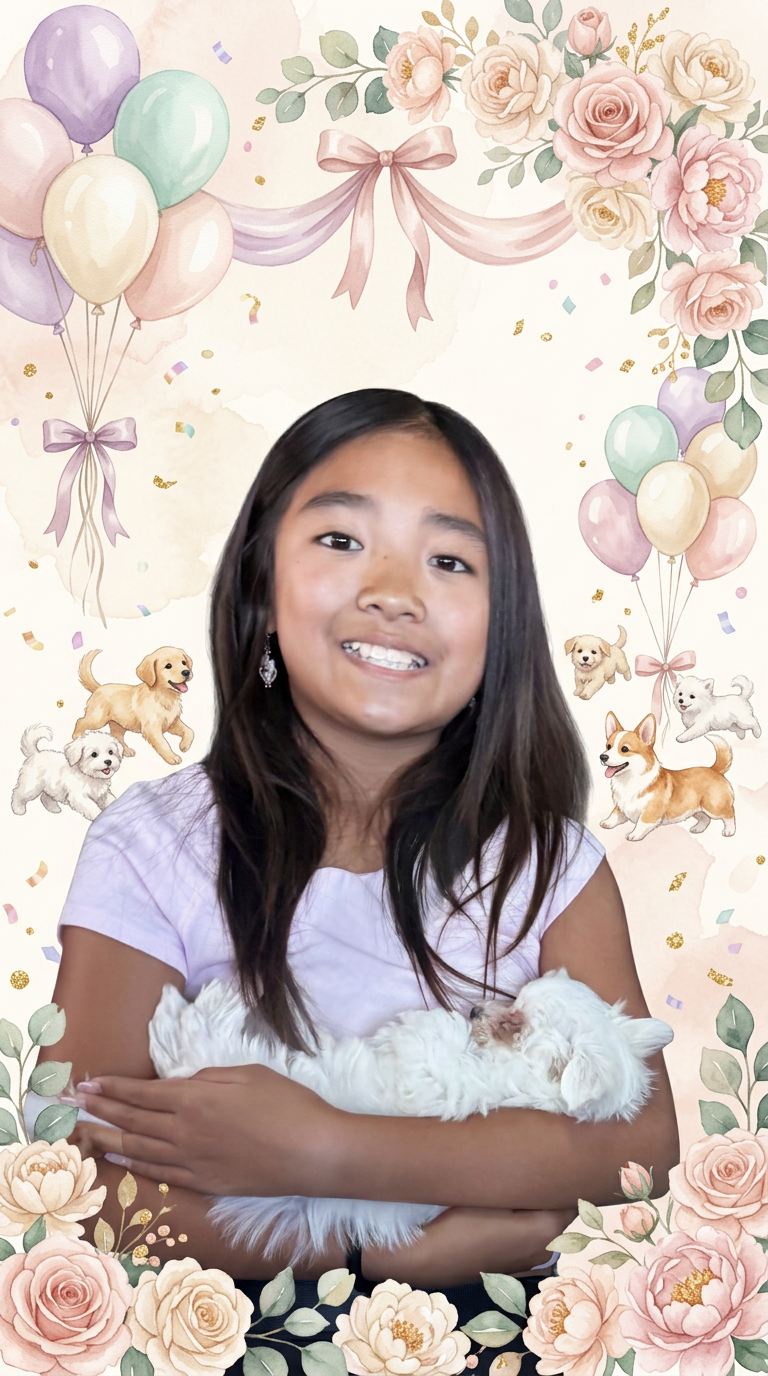 Illustrated birthday invitation graphic of Remington surrounded by puppies, flowers and balloons
